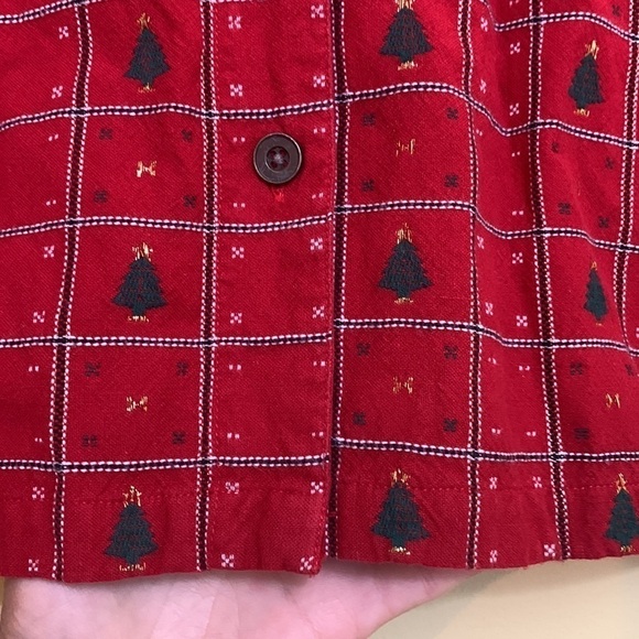 Dress Barn | Red Green Gold Xmas Tree Plaid Metallic Thread Button Down Shirt M - Picture 6 of 17